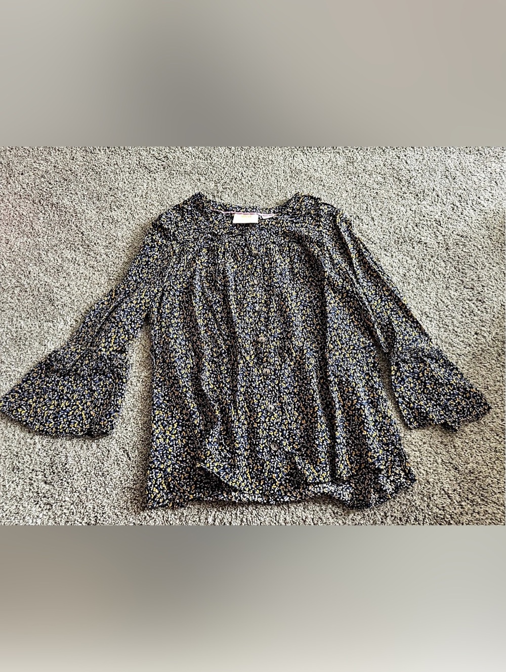 Maeve Floral Button-Front Blouse in Black & Yellow Small Like New
